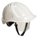 casque industrie abs, non-ventile, dielectrique, lunette, cremailliere, coiffe textile et jugulaire 2 points - blanc