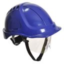 casque industrie abs, non-ventile, dielectrique, lunette, cremailliere, coiffe textile et jugulaire 2 points - bleu