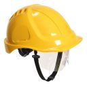 casque industrie abs, non-ventile, dielectrique, lunette, cremailliere, coiffe textile et jugulaire 2 points - jaune