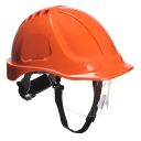 casque industrie abs, non-ventile, dielectrique, lunette, cremailliere, coiffe textile et jugulaire 2 points - orange