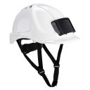 casque btp / industrie abs, ventile, porte-badge, cremailliere, coiffe textile et jugulaire 4 points - blanc