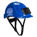 casque btp / industrie abs, ventile, porte-badge, cremailliere, coiffe textile et jugulaire 4 points - bleu