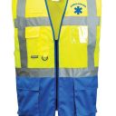 gilet unisexe haute visibilite bicolore multipoches ambulancier. 100% polyester, 125 g/m². en 13688, en iso 20471 cl1. ts a 3xl - jaune fluo/bleu royal