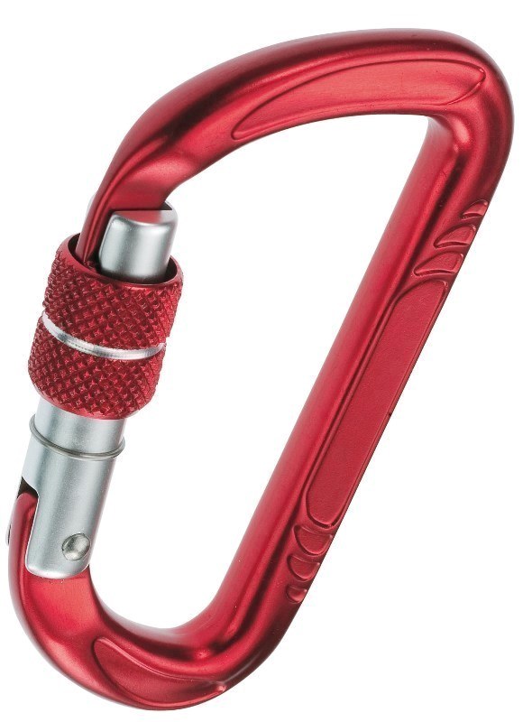 MOUSQUETON ALUMINIUM ANODISÉ ROUGE, FORME D. MOUSQUETON GUIDE D CAMP. "JAEP"