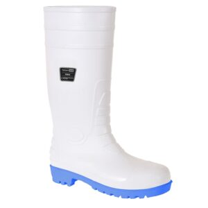 BOTTE AGRO PVC/NITRILE BLANC, EMBOUT ET SEMELLE ACIER, ANTI-ACIDE. SEMELLE BLEU. 36/48
