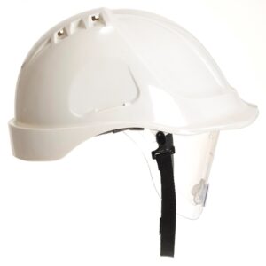 CASQUE INDUSTRIE ABS BLANC, VENTILE, LUNETTE INTEGREE, COIFFE TEXTILE ET JUGULAIRE.