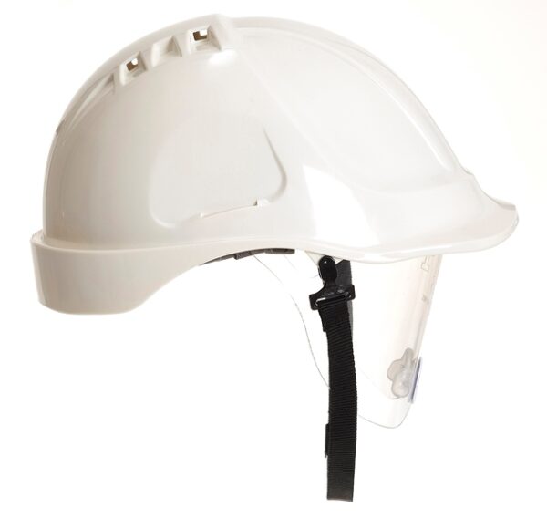 CASQUE INDUSTRIE ABS BLANC, VENTILE, LUNETTE INTEGREE, COIFFE TEXTILE ET JUGULAIRE.