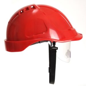 CASQUE INDUSTRIE ABS ROUGE, VENTILE, LUNETTE INTEGREE, COIFFE TEXTILE ET JUGULAIRE.