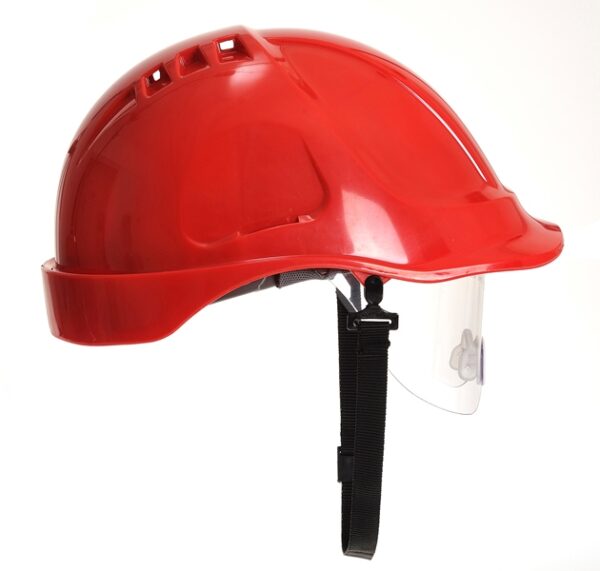CASQUE INDUSTRIE ABS ROUGE, VENTILE, LUNETTE INTEGREE, COIFFE TEXTILE ET JUGULAIRE.