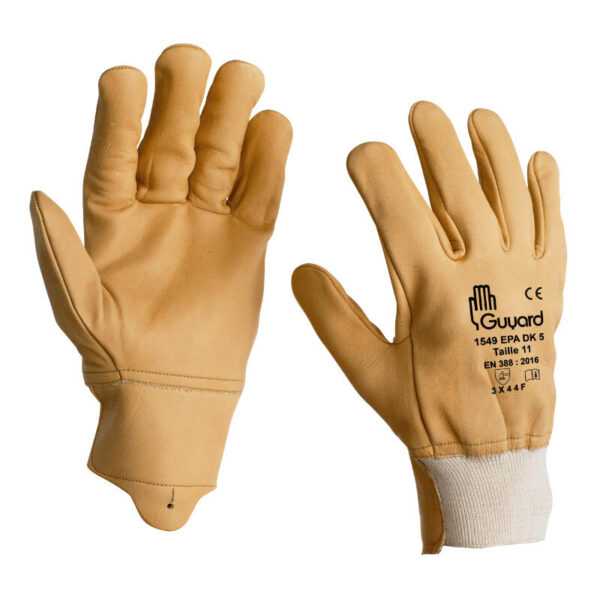 Gant en cuir de bovin hydrofuge.Gant en cuir de bovin hydrofuge. Entièrement doublé d’un tricot jersey para amide 60%, verre 40%. Muni d’une boutonnière et d’un élastique de serrage au poignet.