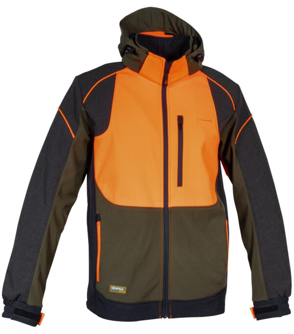 VESTE SOFTSHELL HYDROFUGE 94% POLYESTER / 6% ÉLASTHANNE + MEMBRANE COFRA-TEX + POLAIRE INTÉRIEURE 100% POLYESTER AVEC INSERTS ANTI-ABRASION 85% NYLON / 15 POLYESTER EDNUIT POLYURÉTHANE - 320 G/M² - VERT TAUPE / ORANGE - T42 A 62