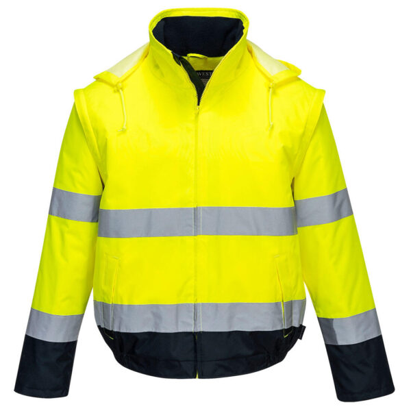 BLOUSON HAUTE VISIBILITE 2 EN 1 (MANCHES AMOVIBLES) OXFORD IMPER / RESPIRANT FROID NEGATIF. EN ISO 13688, EN ISO 20471 CL3, EN 343 CL3.1, EN 342. TS À 4XL - JAUNE/MARINE