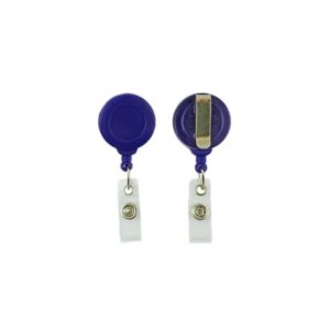 Porte badge-zip enrouleur anti-rotation Ø32mm en plastique bleu avec clip ceinture, sangle en vinyle transparent et cordon en nylon. longueur du cordon rétrectable: 864mm.