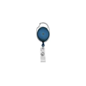 Enrouleur porte badge premium bleu translucide Ø32mm avec cadre en métal chromé, mousqueton, sangle en vinyle transparent et cordon en nylon. Longueur rétractable: 762mm.