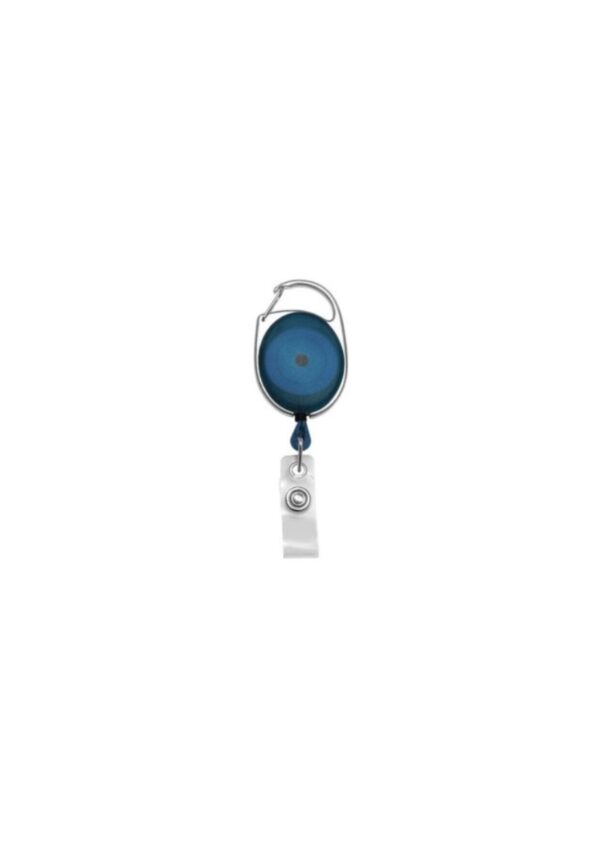 Enrouleur porte badge premium bleu translucide Ø32mm avec cadre en métal chromé, mousqueton, sangle en vinyle transparent et cordon en nylon. Longueur rétractable: 762mm.