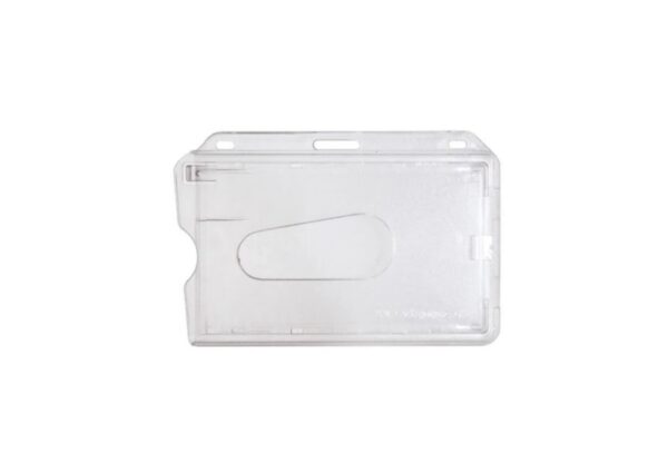 Porte-badge givrée horizontal en polycarbonate rigide avec accès d'extration. Insert 86x54mm. Format carte de crédit.