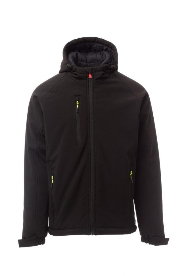 SOFT-SHELL DE COULEUR NOIR REMBOURRE POUR HOMME, FERMETURE PAR ZIP AVEC CURSEUR EN METAL A VERROUILLAGE SEMI-AUTOMATIQUE ET TIRETTE PERSONNALISEE 300GR/MQ .TAILLE XS A 5XL.