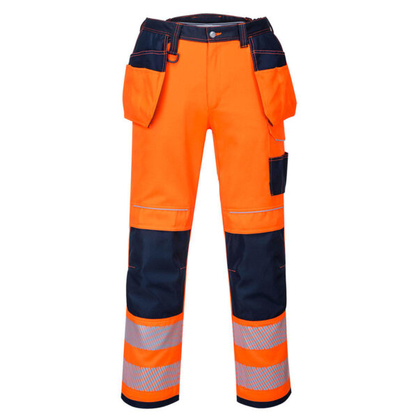 PANTALON DE TRAVAIL HAUTE VISIBILITE FLEXIVISION BICOLORE HOLSTER POCHES GENOUX. POLYESTER / COTON, 300 G/M². EN ISO 20471 CL2. T36 À 60 - ORANGE/MARINE