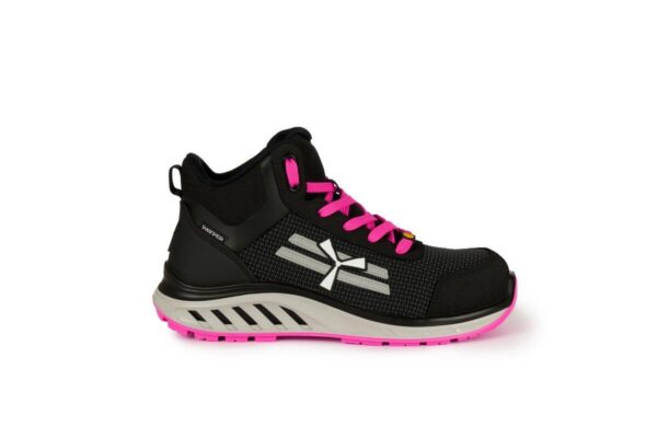 BASKET DE SÉCURITÉ HAUTE FEMME ULTRA-RESPIRANTE, RÉSISTANTE A L'ABRASION ET HYDROFUGÉE - ESD - METAL FREE - S3S / SR / FO - POINTURE 35 A 42 - NOIR ET ROSE