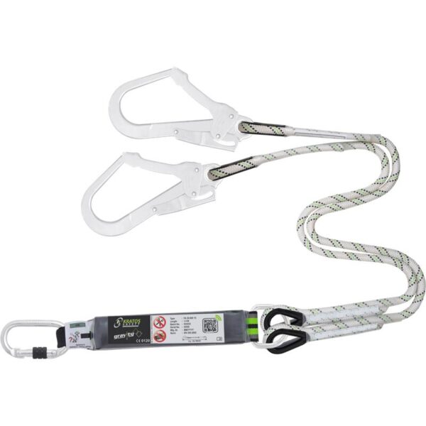 LONGE FOURCHE EN CORDE POLYAMIDE TRESSÉE 1.50M AVEC ABSORBEUR D'ÉNERGIE, 1 MOUSQUETON ACIER A VEROUILLAGE A VIS ET  DEUX MOUSQUETONS D'ÉCHAFAUDAGE GRANDE OUVERTURE A VERROUILLAGE AUTOMATIQUE