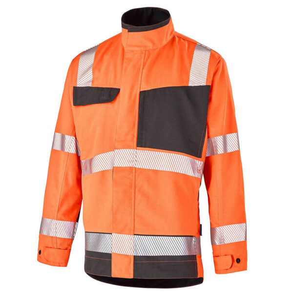 BLOUSON DE TRAVAIL HAUTE VISIBILITE BIO ECO RESPONSABLE. POLYESTER RECYCLE / COTON BIO. EN ISO 13688, EN ISO 20471 CL2. T36/38 À 60/62 - ORANGE/GRIS