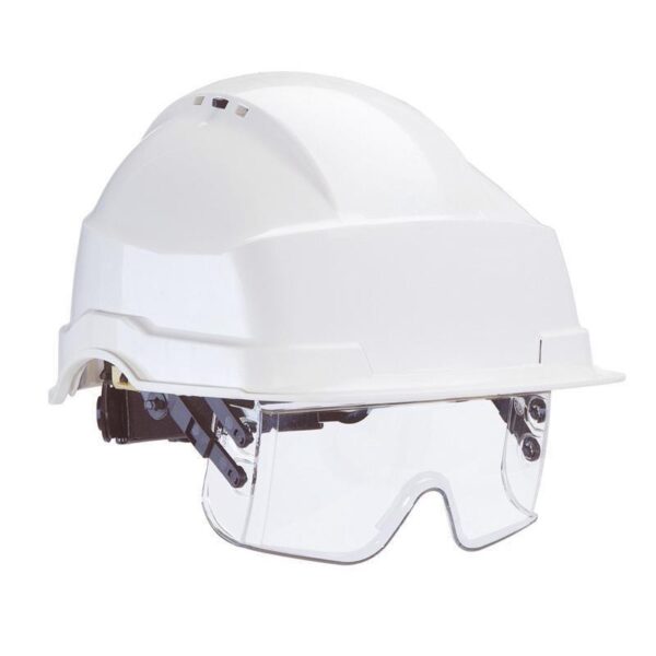 CASQUE INDUSTRIE POLYAMIDE 48 MOIS - LUNETTE RETRACTABLE POLYCARBONATE - REGLAGE CREMAILLERE - BLANC