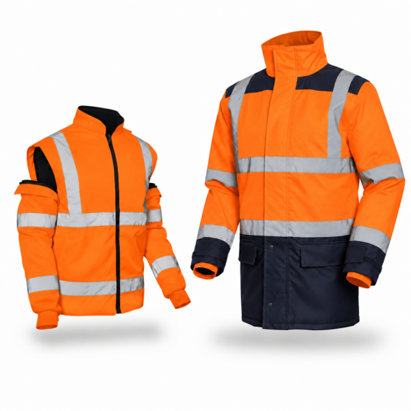 PARKA HAUTE VISIBILITE 5 EN 1, 100% POLYESTER 300D OXFORD IMPER/RESPIRANT FROID NEGATIF. EN ISO 13688, EN ISO 20471 CL 3, EN 343 CL 4.1, EN 342. TS À 4XL - ORANGE/MARINE