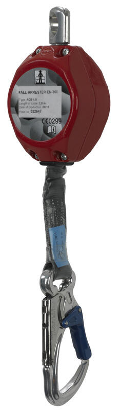 "ANTICHUTE A RAPPEL AUTOMATIQUE DE SANGLE, LONGUEUR 1,8 M, « UTILISABLE EN FACTEUR 2 + ARÊTE VIVE » AVEC TEMOIN DE CHUTE (PETITE OUVERTURE).