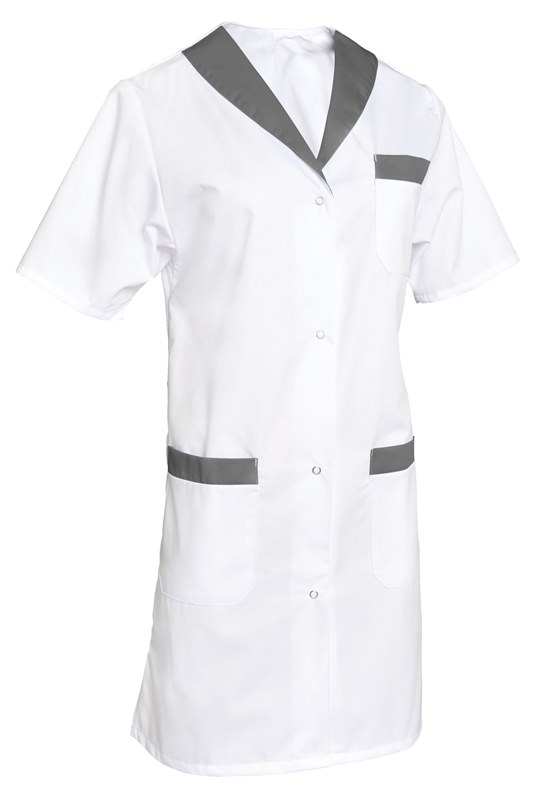BLOUSE ALICE. PRESSIONS MANCHES COURTES. UNI POLYESTER / COTON. T36/38 A 60/62 - BLANC/GRIS CLAIR