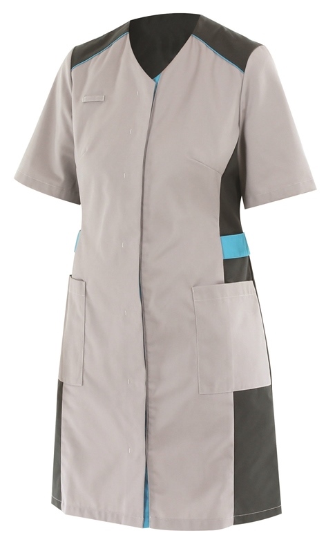 BLOUSE MERCUR PRESSIONS MANCHES COURTES. UNI POLYESTER / COTON. T34/36 A 58/60 - GRIS/AZUR