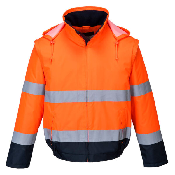 BLOUSON HAUTE VISIBILITE 2 EN 1 (MANCHES AMOVIBLES) OXFORD IMPER / RESPIRANT FROID NEGATIF. EN ISO 13688, EN ISO 20471 CL3, EN 343 CL3.1, EN 342. TS À 4XL - ORANGE/MARINE