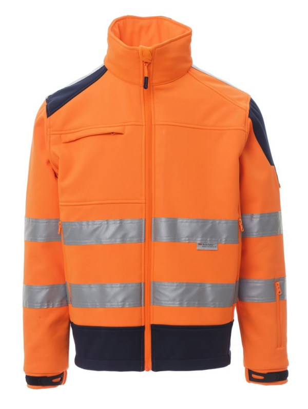 BLOUSON SOFTSHELL UNISEXE HAUTE VISIBILITE IMPER/RESPIRANT FLASHVISION. 100% POLYESTER, 310 G/M². EN ISO 13688, EN ISO 471 CL2. TS À 5XL - ORANGE/MARINE