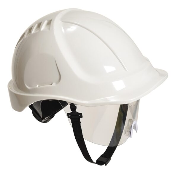 CASQUE INDUSTRIE ABS BLANC, NON-VENTILE, LUNETTE INTEGREE, COIFFE TEXTILE ET JUGULAIRE.