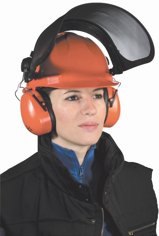 CASQUE FORESTIER COMPLET EN ABS ORANGE AVEC COQUILLES ANTIBRUIT - VISIÈRE GRILLAGÉE EN ACIER