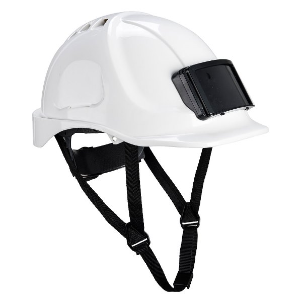 CASQUE BTP / INDUSTRIE ABS, VENTILE, PORTE-BADGE, CREMAILLIERE, COIFFE TEXTILE ET JUGULAIRE 4 POINTS - BLANC