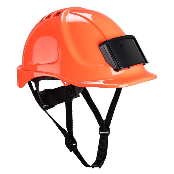 CASQUE BTP / INDUSTRIE ABS, VENTILE, PORTE-BADGE, CREMAILLIERE, COIFFE TEXTILE ET JUGULAIRE 4 POINTS ORANGE -