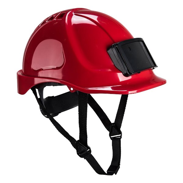 CASQUE BTP / INDUSTRIE ABS, VENTILE, PORTE-BADGE, CREMAILLIERE, COIFFE TEXTILE ET JUGULAIRE 4 POINTS ROUGE -