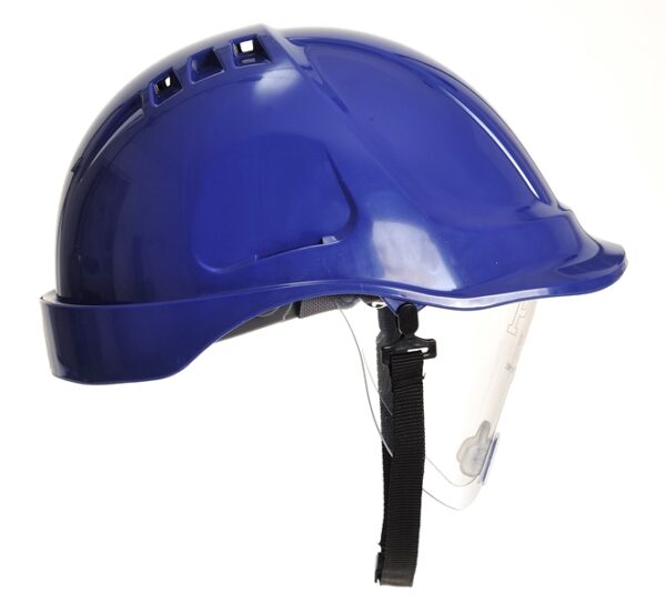 CASQUE INDUSTRIE ABS, VENTILE, LUNETTE, CREMAILLIERE, COIFFE TEXTILE ET JUGULAIRE 2 POINTS - BLEU