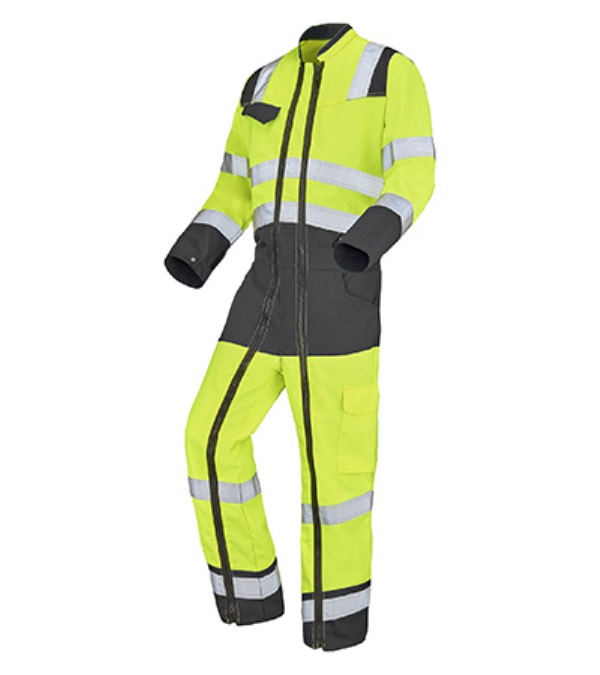 COMBINAISON DE TRAVAIL 2 ZIP HAUTE VISIBILITE V-LINE. COTON / POLYESTER. EN ISO 13688, EN ISO 20471 CL3. T36/38 À 60/62 - JAUNE/GRIS
