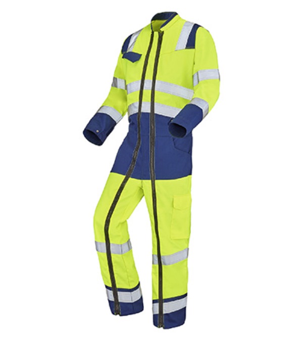 COMBINAISON DE TRAVAIL 2 ZIP HAUTE VISIBILITE V-LINE. COTON / POLYESTER. EN ISO 13688, EN ISO 20471 CL3. T36/38 À 60/62 - JAUNE/MARINE