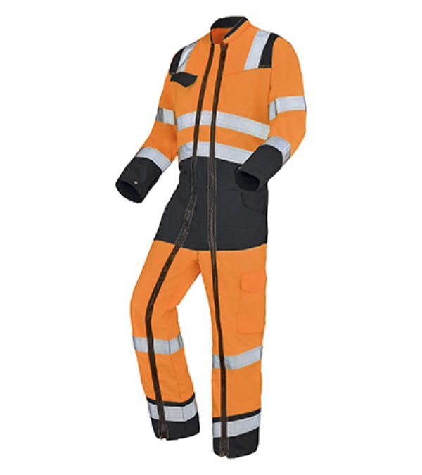 COMBINAISON DE TRAVAIL 2 ZIP HAUTE VISIBILITE V-LINE. COTON / POLYESTER. EN ISO 13688, EN ISO 20471 CL3. T36/38 À 60/62 - ORANGE/GRIS
