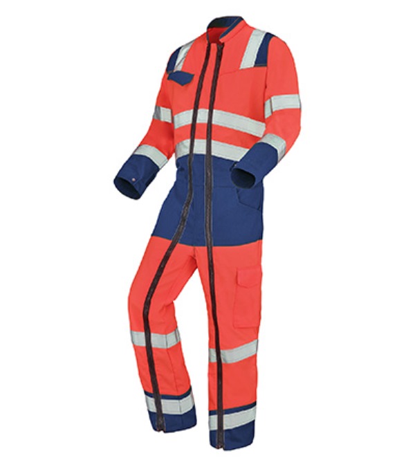 COMBINAISON DE TRAVAIL 2 ZIP HAUTE VISIBILITE V-LINE. COTON / POLYESTER. EN ISO 13688, EN ISO 20471 CL3. T36/38 À 60/62 - ROUGE/MARINE