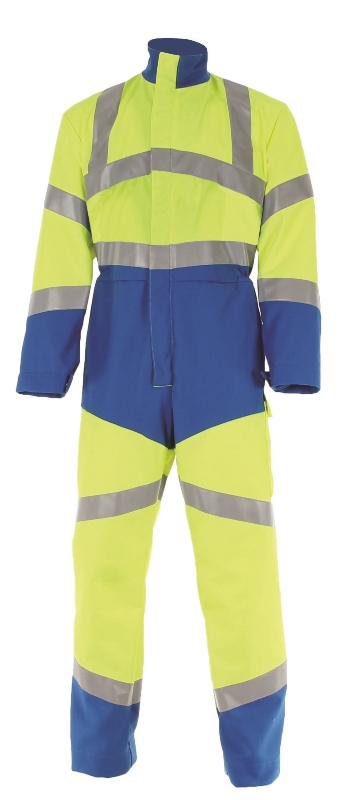 COMBINAISON DE TRAVAIL 1 ZIP HAUTE VISIBILITE V-LINE. COTON / POLYESTER. EN ISO 13688, EN ISO 20471 CL3. T36/38 À 60/62 - JAUNE/AZUR