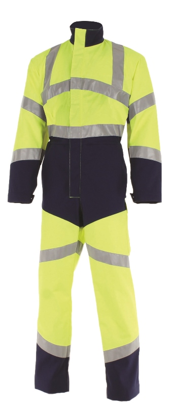COMBINAISON DE TRAVAIL 1 ZIP HAUTE VISIBILITE V-LINE. COTON / POLYESTER. EN ISO 13688, EN ISO 20471 CL3. T36/38 À 60/62 - JAUNE/MARINE