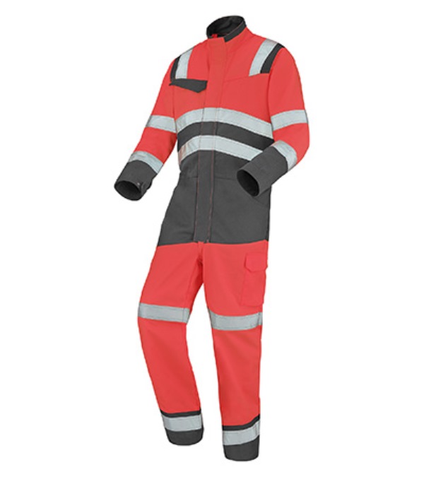 COMBINAISON DE TRAVAIL 1 ZIP HAUTE VISIBILITE V-LINE. COTON / POLYESTER. EN ISO 13688, EN ISO 20471 CL3. T36/38 À 60/62 - ROUGE/GRIS