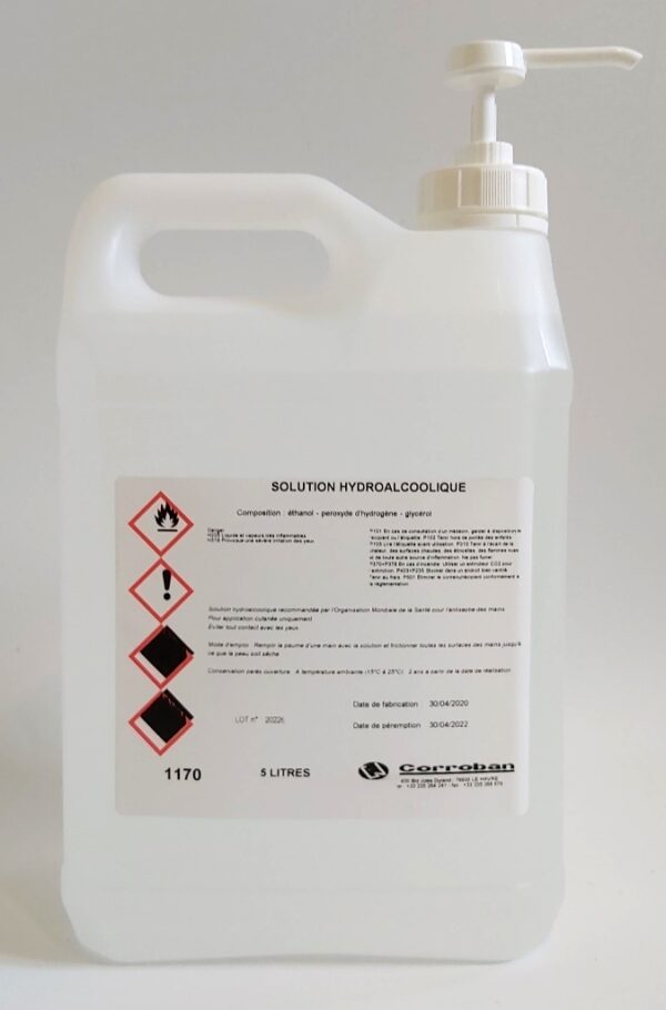 BIDON DE 5L DE SOLUTION HYDROALCOOLIQUE AVEC POMPE DOSEUSE - DISPOSITIF CONTRE LA PROPAGATION DU COVID