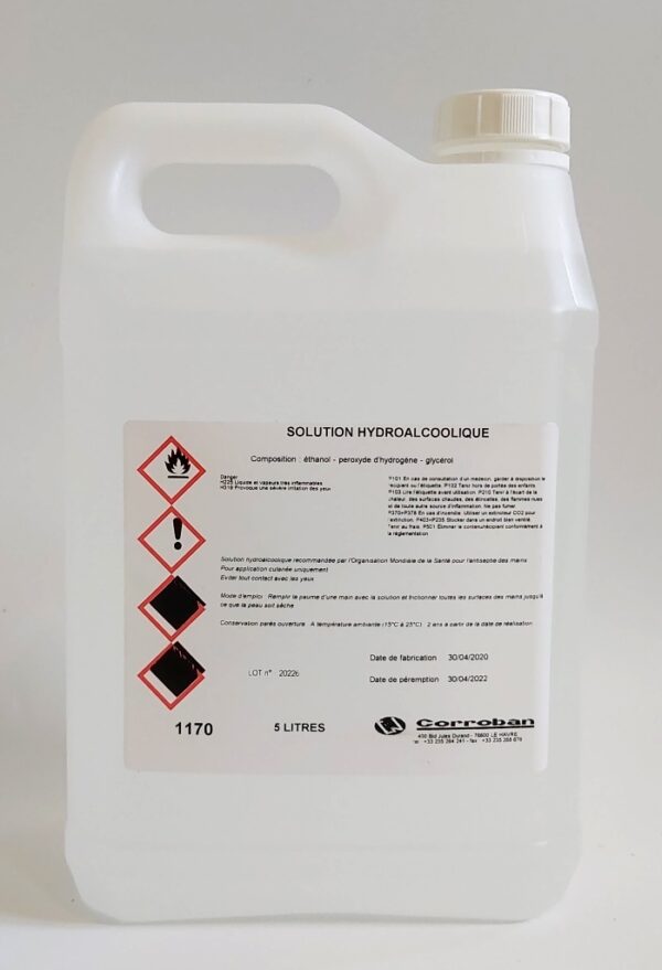 BIDON DE 5L DE SOLUTION HYDROALCOOLIQUE SANS POMPE DOSEUSE - DISPOSITIF CONTRE LA PROPAGATION DU COVID