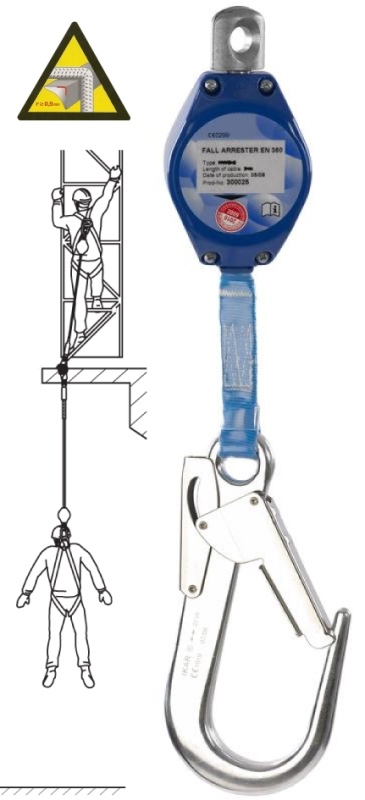 "ANTICHUTE A RAPPEL AUTOMATIQUE DE SANGLE, LONGUEUR 1,8 M, « UTILISABLE EN FACTEUR 2 + ARÊTE VIVE » AVEC TEMOIN DE CHUTE (GRANDE OUVERTURE).