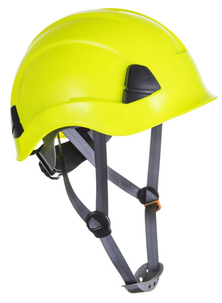 CASQUE NON VENTILE JAUNE FLUO MONTEUR / ECHAFAUDEUR / COUVREUR / ELECTROMECANIEN, JUGULAIRE 4 POINTS, REGLAGE CREMAILLIERE.