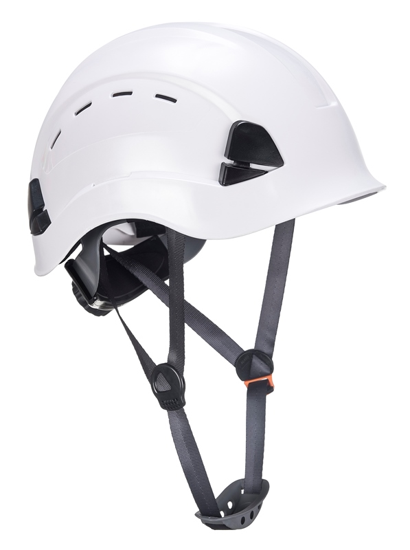 CASQUE VENTILE BLANC MONTEUR / ECHAFAUDEUR / COUVREUR / ELECTROMECANIEN, JUGULAIRE 4 POINTS, REGLAGE CREMAILLIERE.